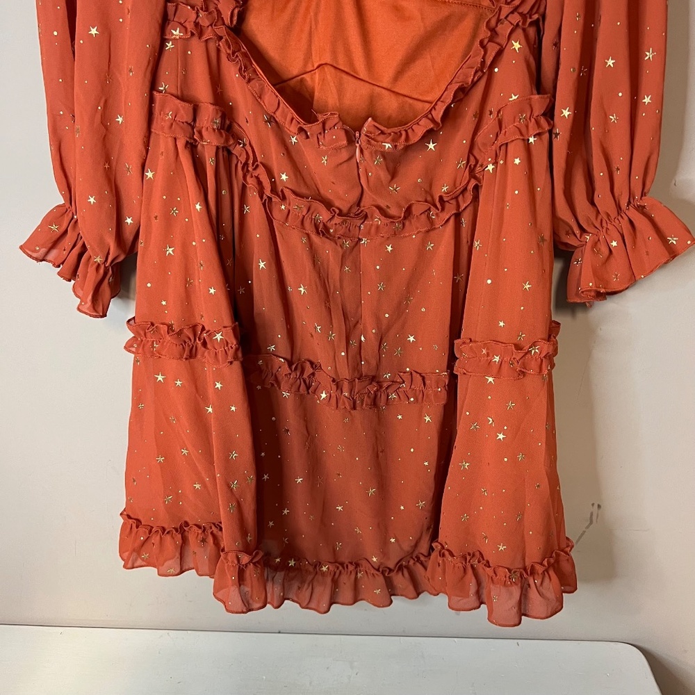 Burnt Orange & Gold Star Print Layered Open Back Dress Whimsical Celestial - Picture 6 of 7